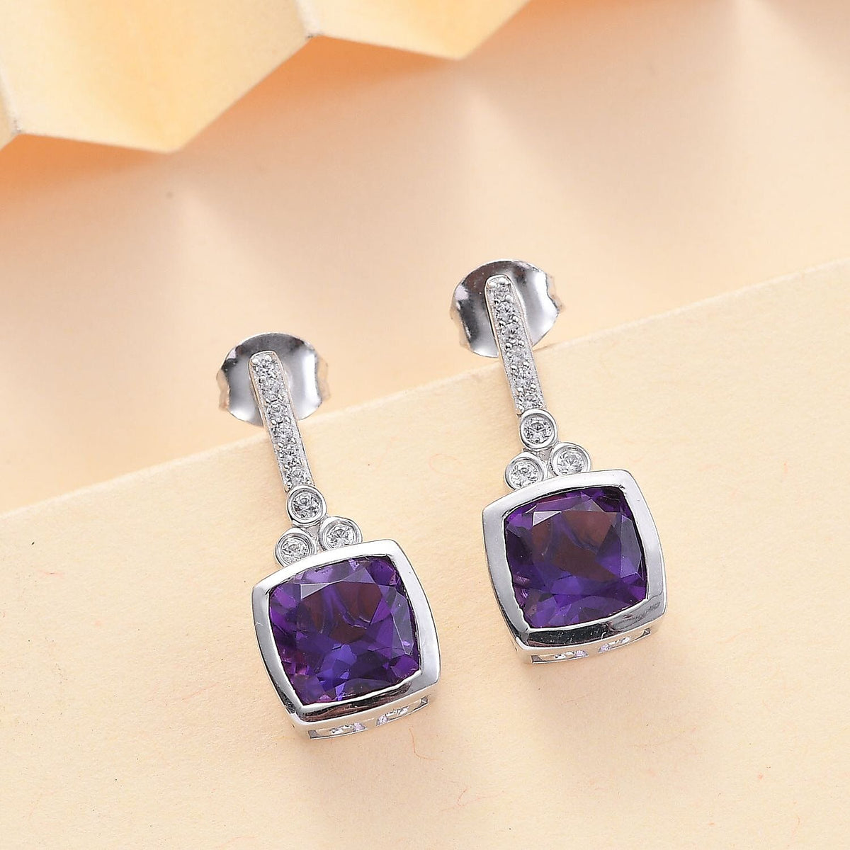 AAA African Amethyst &amp; White Zircon Solitaire Stud Push Post Earring in Rhodium Overlay Sterling Silver 5.12 Ct. 8046587 2