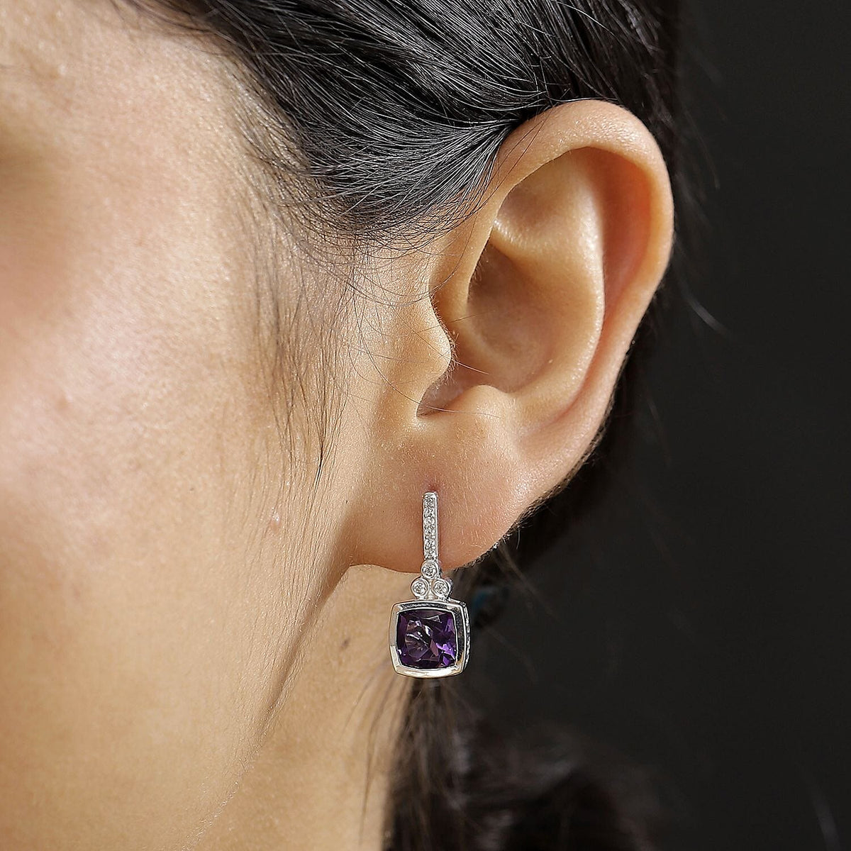 AAA African Amethyst &amp; White Zircon Solitaire Stud Push Post Earring in Rhodium Overlay Sterling Silver 5.12 Ct. 8046587 3