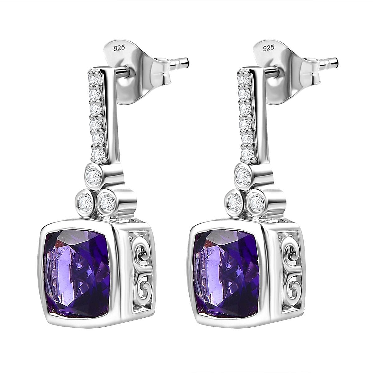 AAA African Amethyst &amp; White Zircon Solitaire Stud Push Post Earring in Rhodium Overlay Sterling Silver 5.12 Ct. 8046587 4