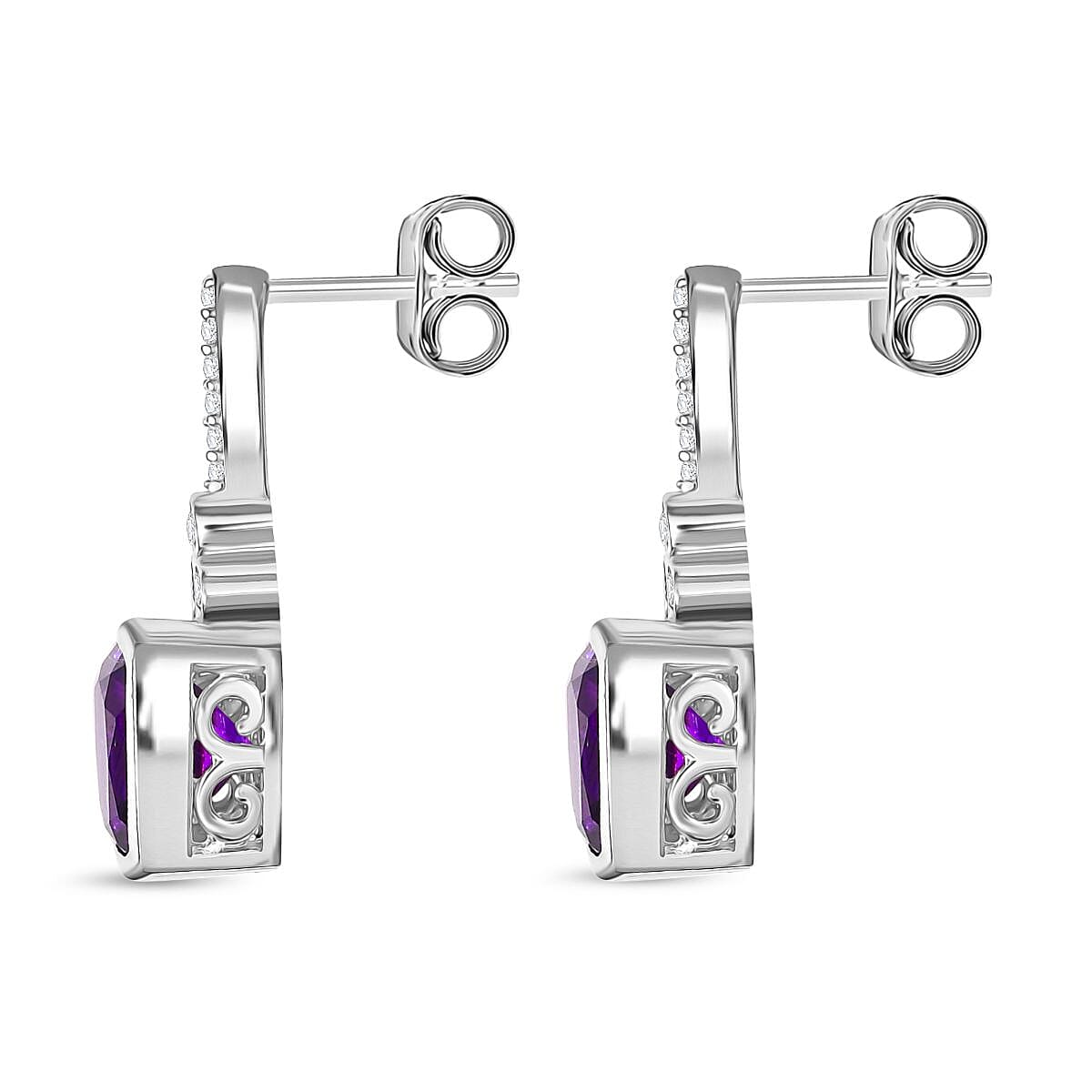 AAA African Amethyst &amp; White Zircon Solitaire Stud Push Post Earring in Rhodium Overlay Sterling Silver 5.12 Ct. 8046587 5