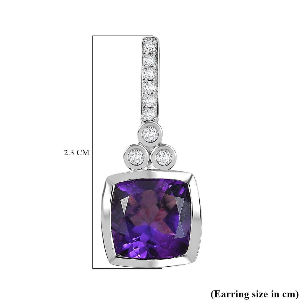 AAA African Amethyst & White Zircon Solitaire Stud Push Post Earring in Rhodium Overlay Sterling Silver 5.12 Ct.