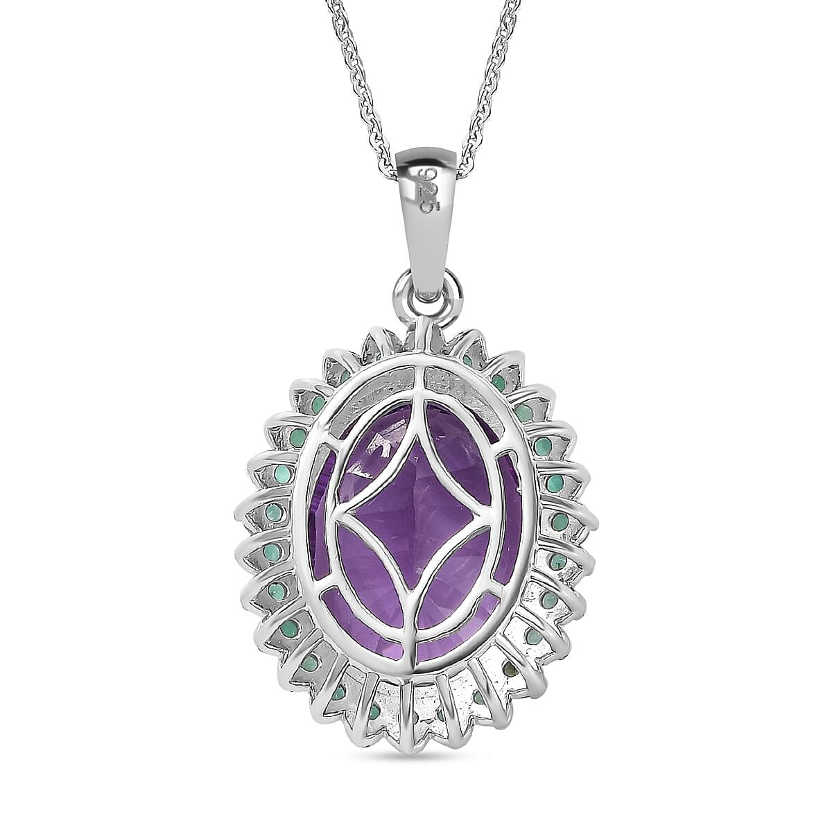 African Amethyst, Zambian Emerald Halo Pendant with Chain (Size 20) in Rhodium Plated Sterling Silver 4307112 9