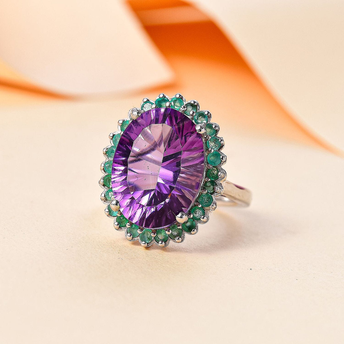African Amethyst, Zambian Emerald Halo Ring in Rhodium Overlay Sterling Silver 7890940 3