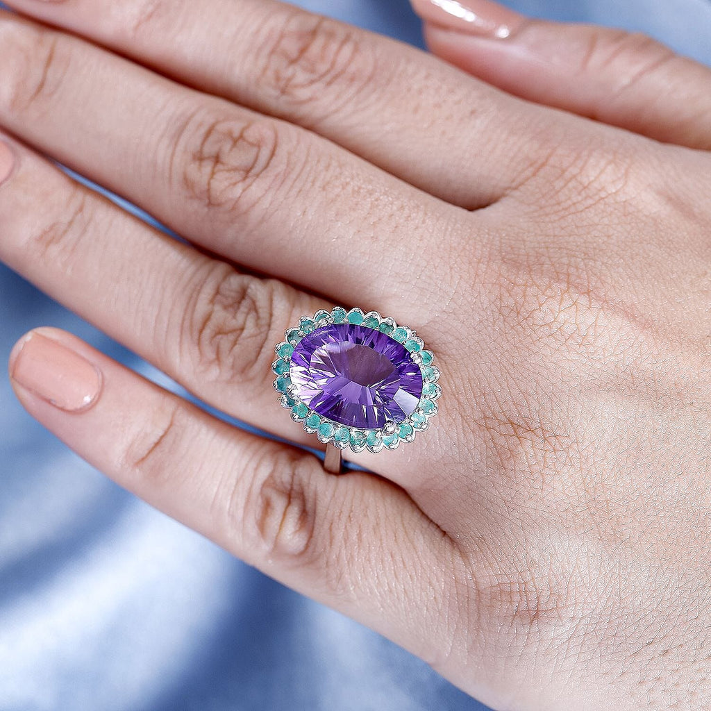 Concave Cut  Zambian Amethyst & Zambian Emerald Ring in Rhodium Overlay Sterling Silver 9.41 Ct.
