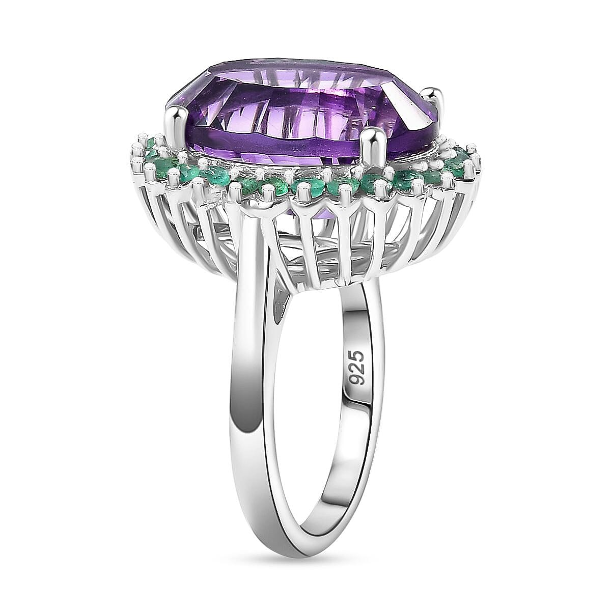 African Amethyst, Zambian Emerald Halo Ring in Rhodium Overlay Sterling Silver 7890940 7