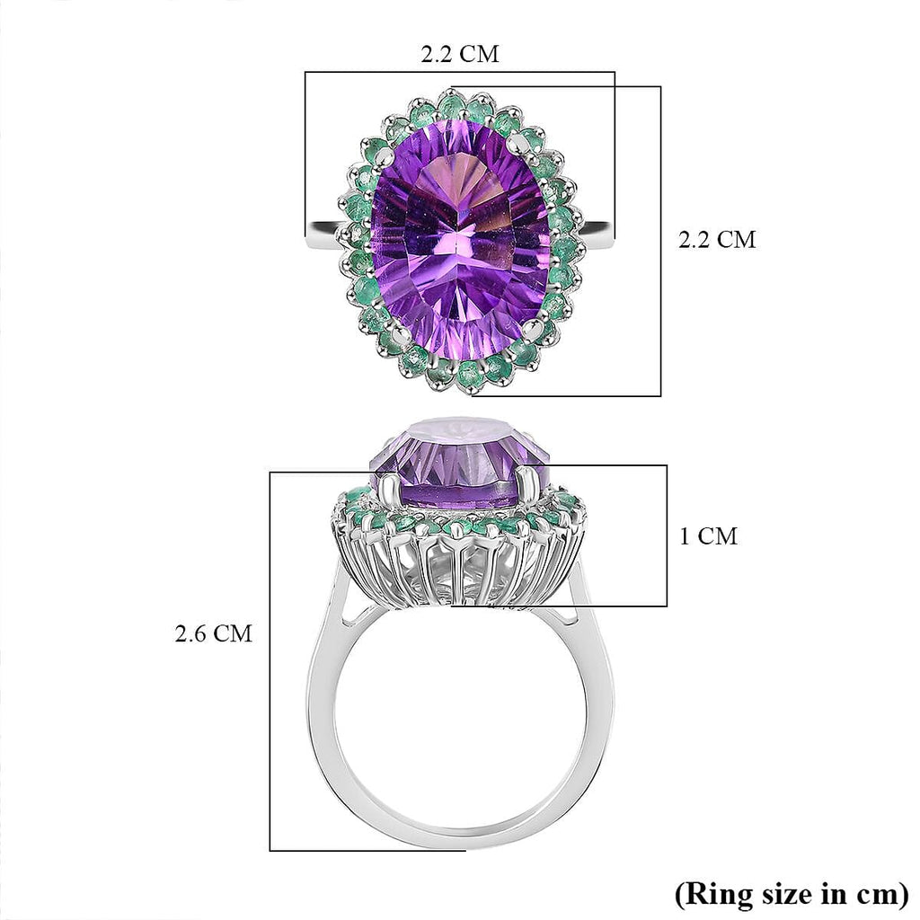 Concave Cut  Zambian Amethyst & Zambian Emerald Ring in Rhodium Overlay Sterling Silver 9.41 Ct.