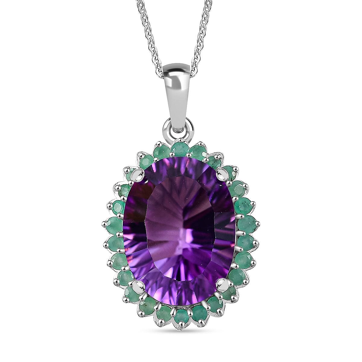 African Amethyst, Zambian Emerald Halo Pendant with Chain (Size 20) in Rhodium Plated Sterling Silver 4307112 2
