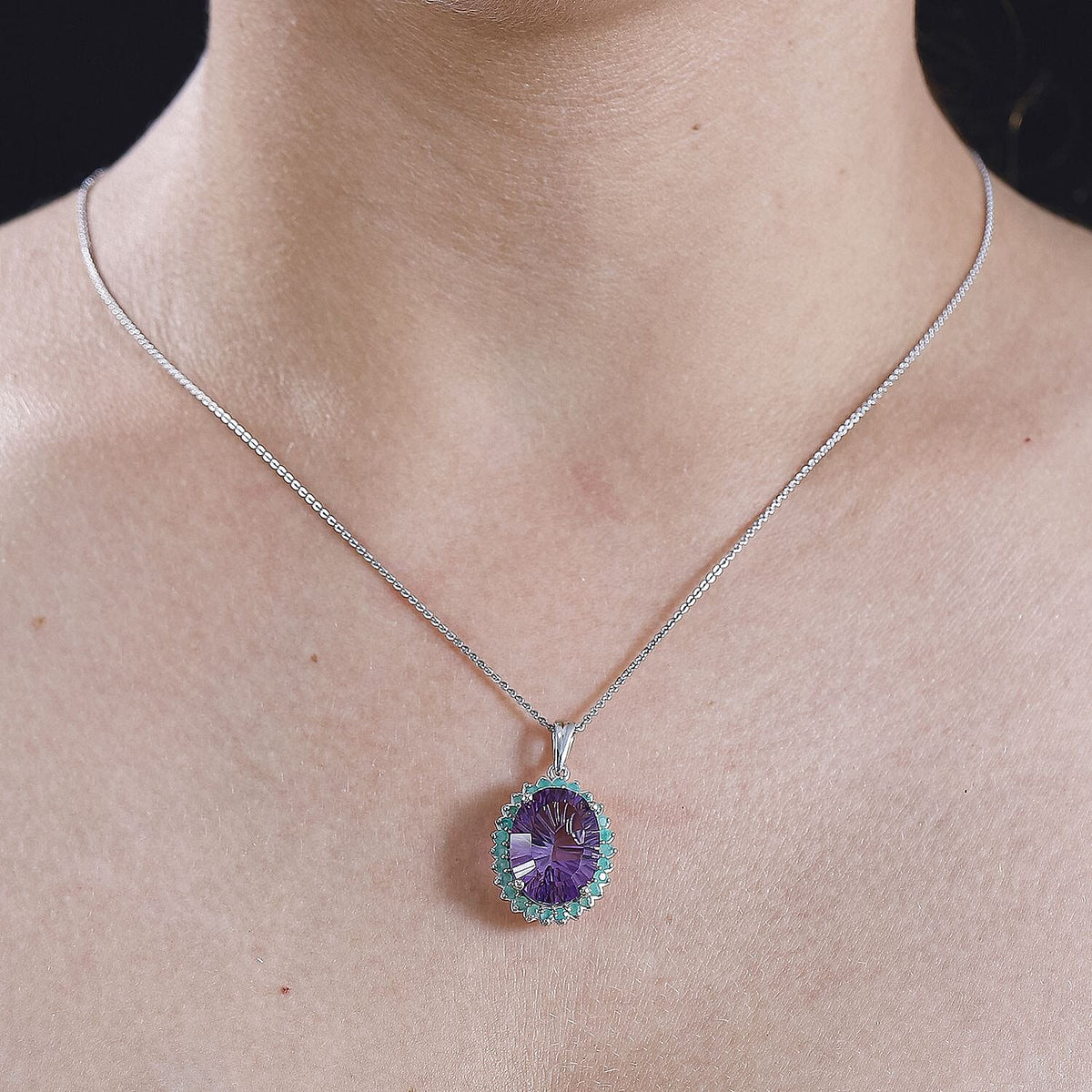 African Amethyst, Zambian Emerald Halo Pendant with Chain (Size 20) in Rhodium Plated Sterling Silver 4307112 6