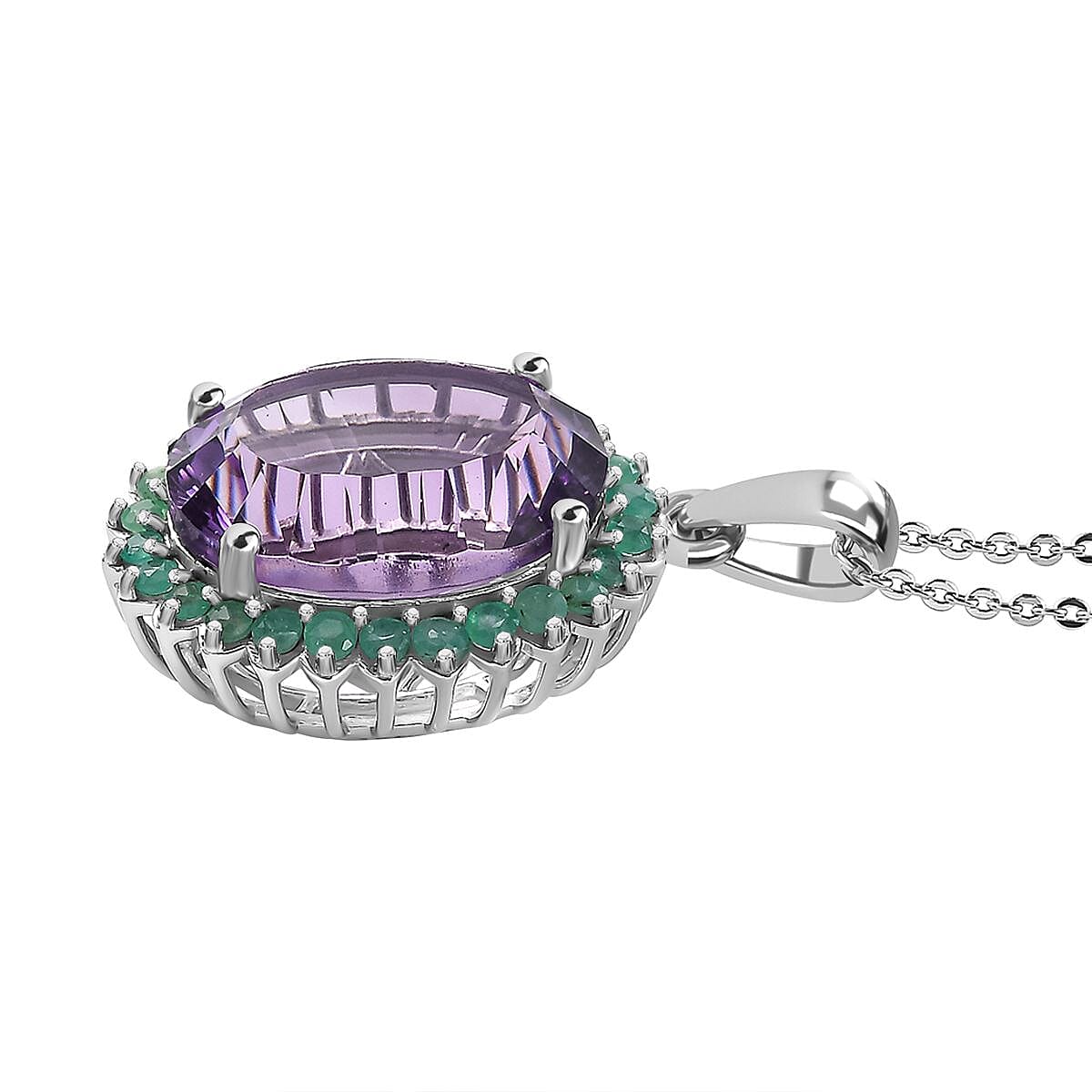 African Amethyst, Zambian Emerald Halo Pendant with Chain (Size 20) in Rhodium Plated Sterling Silver 4307112 8