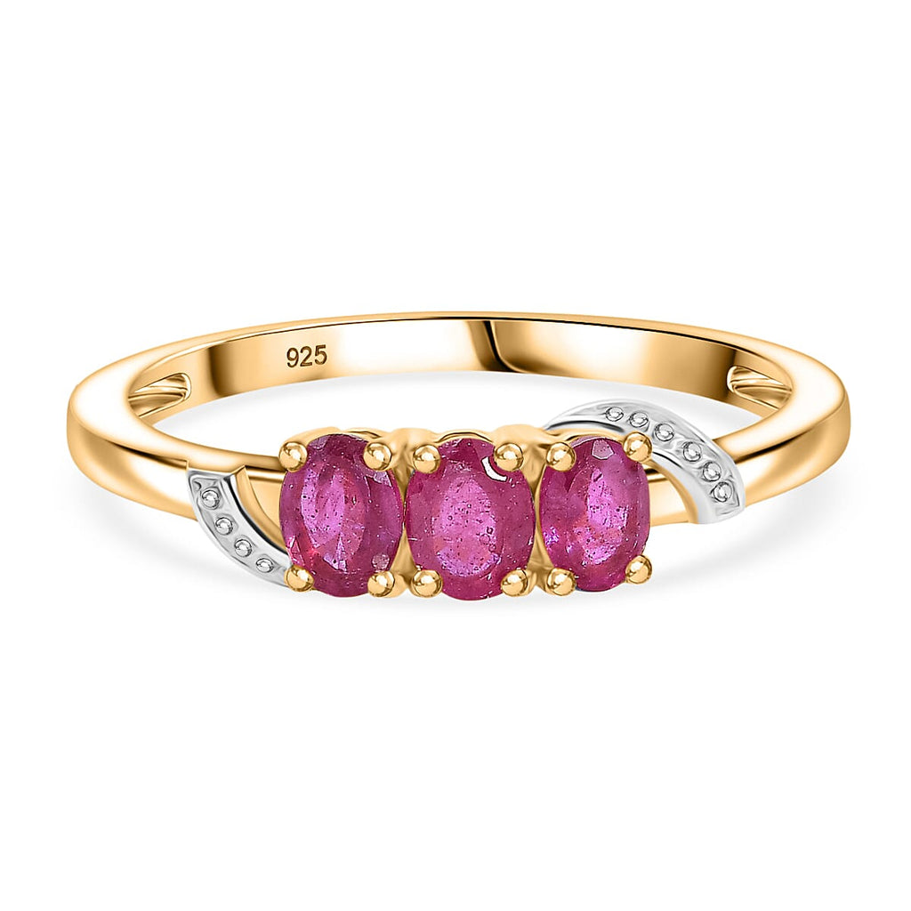 African Ruby 3 Stone Ring in 18K Yellow Gold Plated Sterling Silver