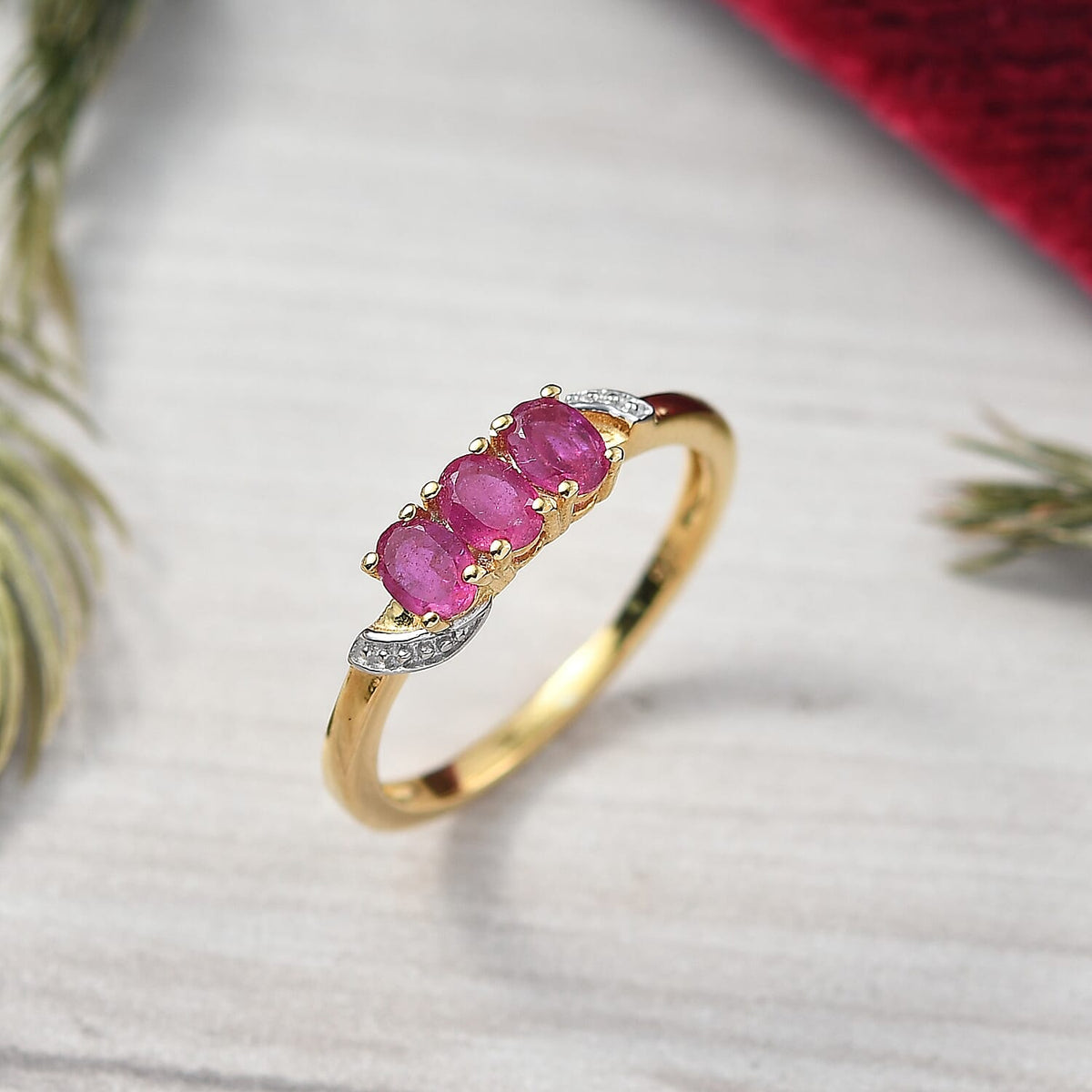African Ruby 3 Stone Ring in 18K Yellow Gold Plated Sterling Silver 8300167 2