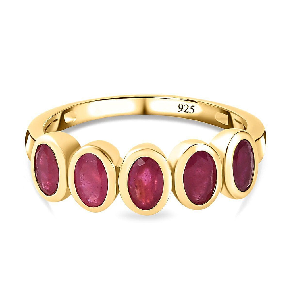 African Ruby 5 Stone Ring in 18K Vermeil Yellow Gold Plated Sterling Silver 1.68 Ct.