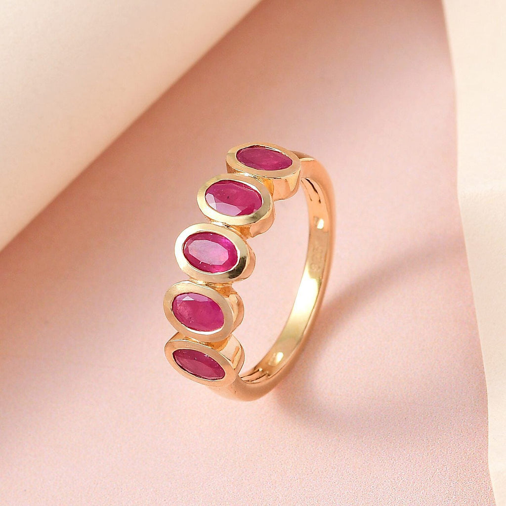 African Ruby 5 Stone Ring in 18K Vermeil Yellow Gold Plated Sterling Silver 1.68 Ct.