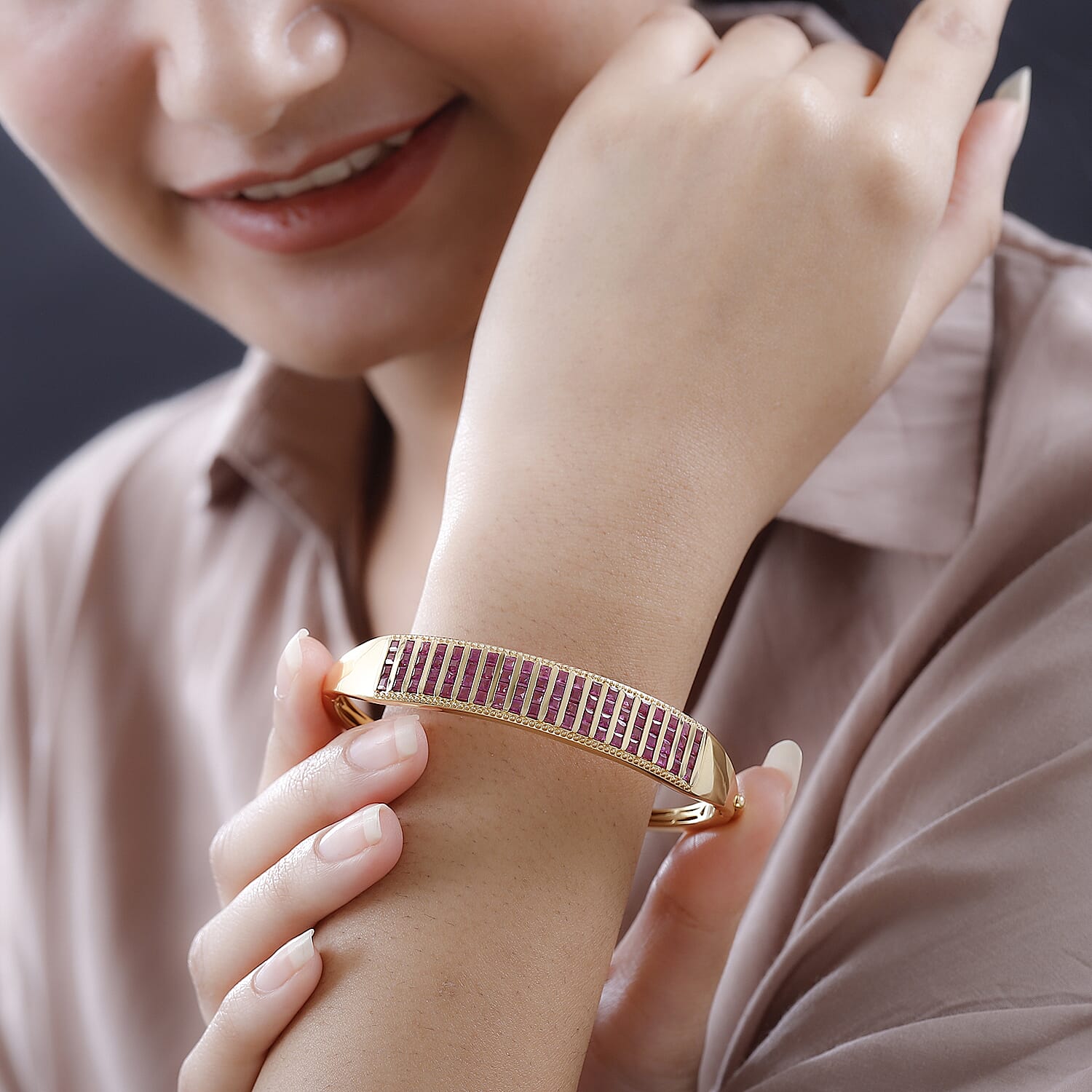African Ruby Bangle (Size - 7.5) in 18K Vermeil Yellow Gold Plated Sterling Silver 10.50 Ct, Silver Wt. 23.65 Gms 7564947 2