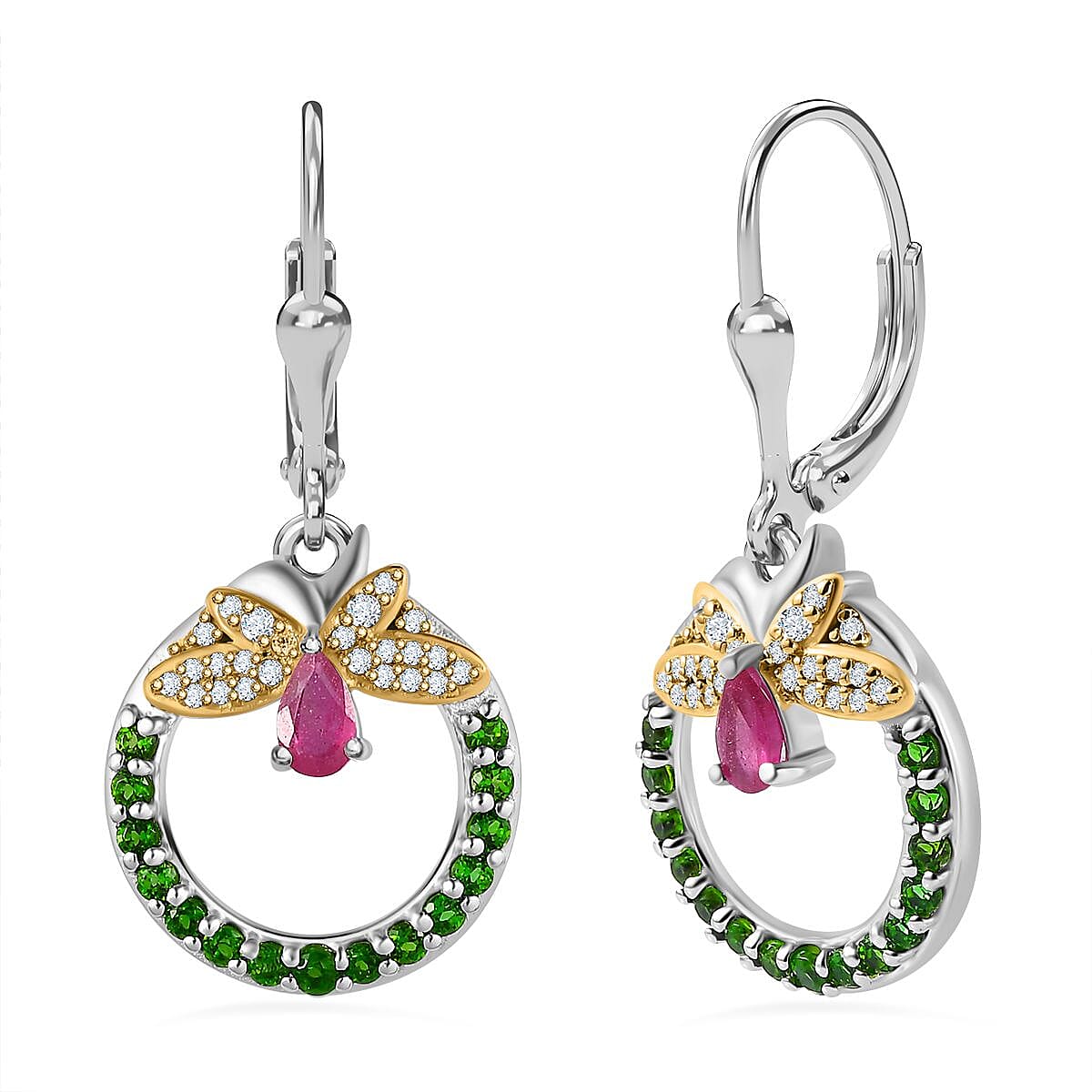 GP Italian Garden Collection African Ruby , Blue Sapphire , Natural Chrome Diopside , White Zircon Fancy Drop Earring Sterling Silver with an 18K Vermeil Yellow Gold and Platinum Overlay 2.79 ct, Silver Wt. 5.5 Gms 1.848 Ct. 7678964 0