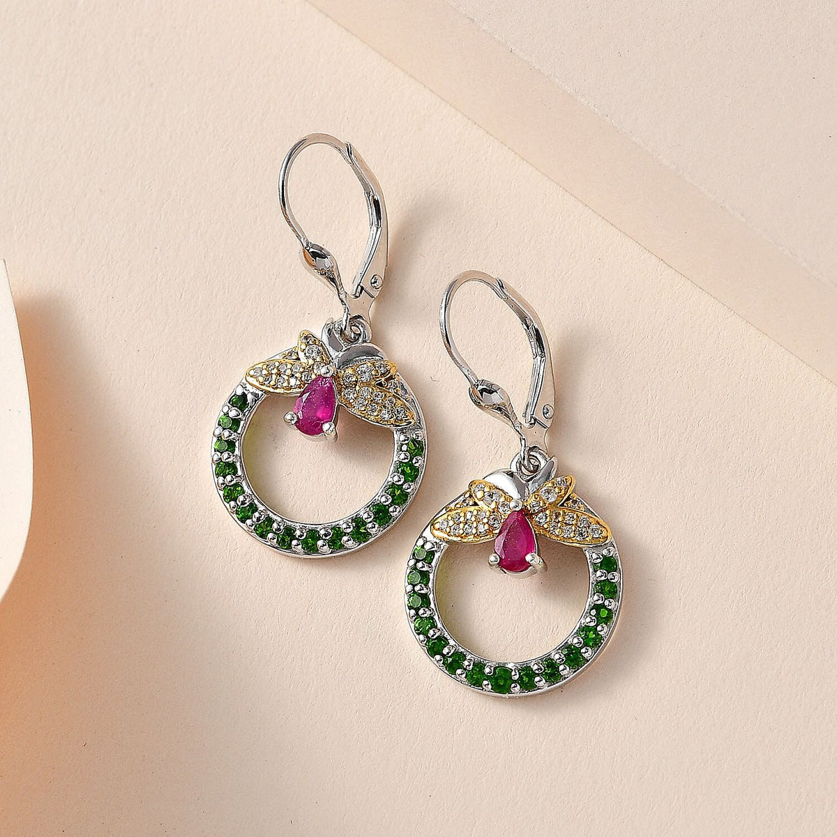 GP Italian Garden Collection African Ruby , Blue Sapphire , Natural Chrome Diopside , White Zircon Fancy Drop Earring Sterling Silver with an 18K Vermeil Yellow Gold and Platinum Overlay 2.79 ct, Silver Wt. 5.5 Gms 1.848 Ct. 7678964 2