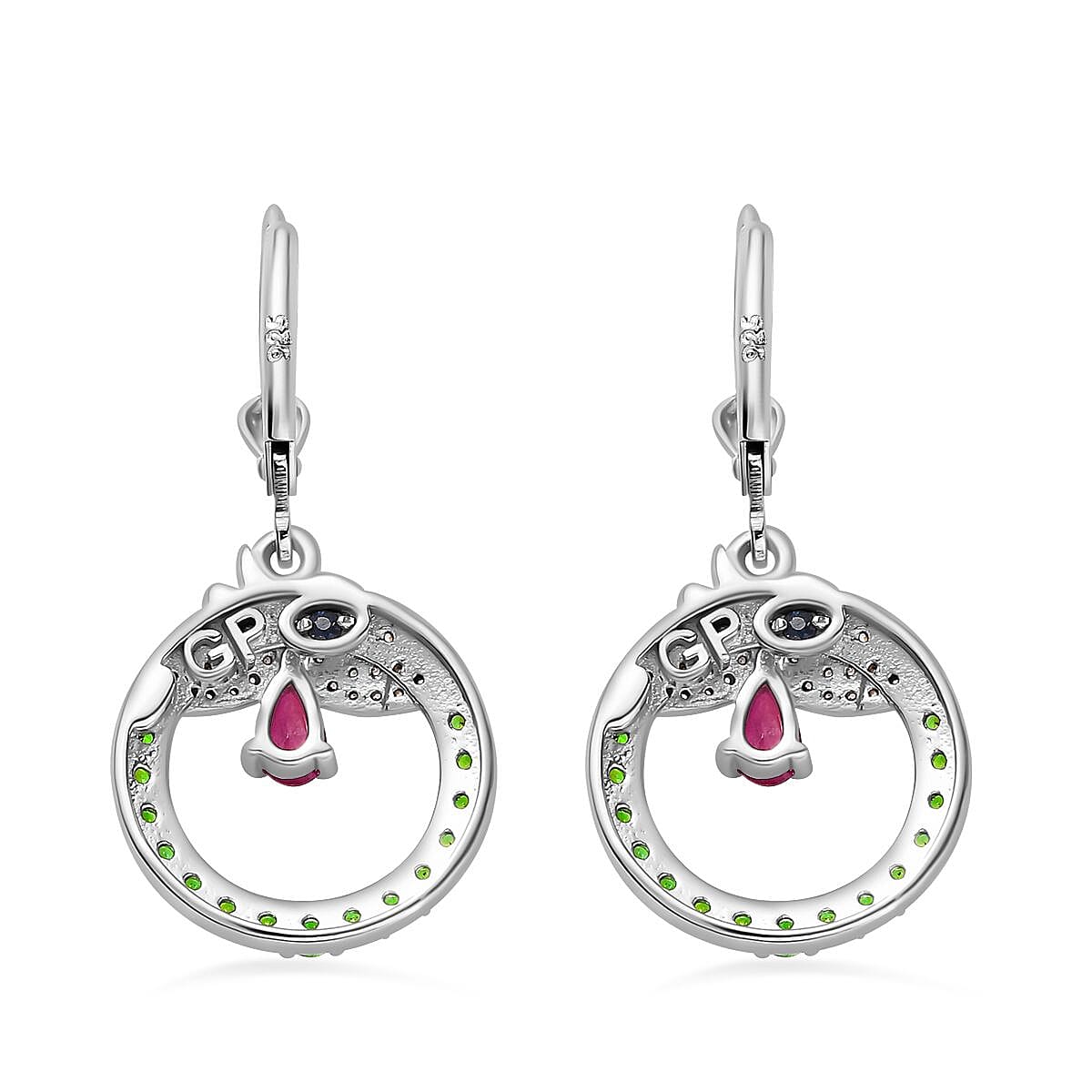 GP Italian Garden Collection African Ruby , Blue Sapphire , Natural Chrome Diopside , White Zircon Fancy Drop Earring Sterling Silver with an 18K Vermeil Yellow Gold and Platinum Overlay 2.79 ct, Silver Wt. 5.5 Gms 1.848 Ct. 7678964 5