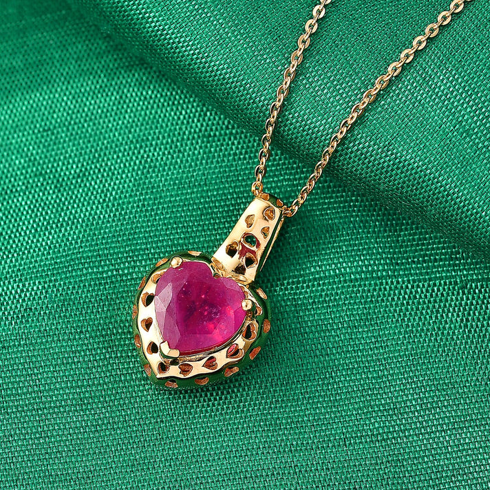 GP Family Legacy Italy - African Ruby &amp; Kanchanaburi Blue Sapphire Heart Pendant with Chain (Size 20) in 18K Vermeil Yellow Gold Plated Sterling Silver 2.40 Ct. 4449776 2