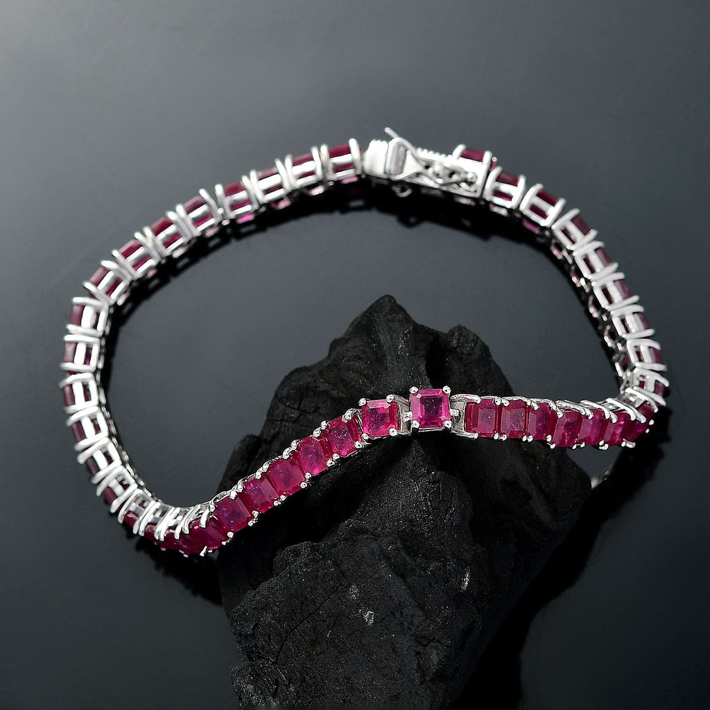 African Ruby Tennis Bracelet (Size - 8) with GB Lock Box in Rhodium Overlay Sterling Silver 22.85 Ct, Silver Wt. 12.42 Gms.