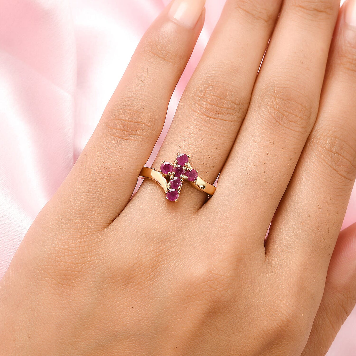 African Ruby Cross Ring in Gold Plated Sterling Silver 3718589 3