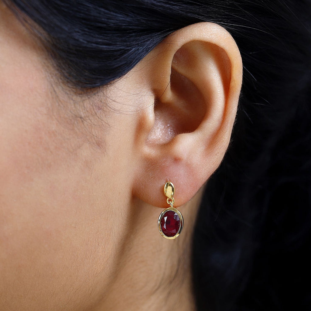 African Ruby Dangling Earrings in 18K Vermeil Yellow Gold Plated Sterling Silver 3.40 Ct.