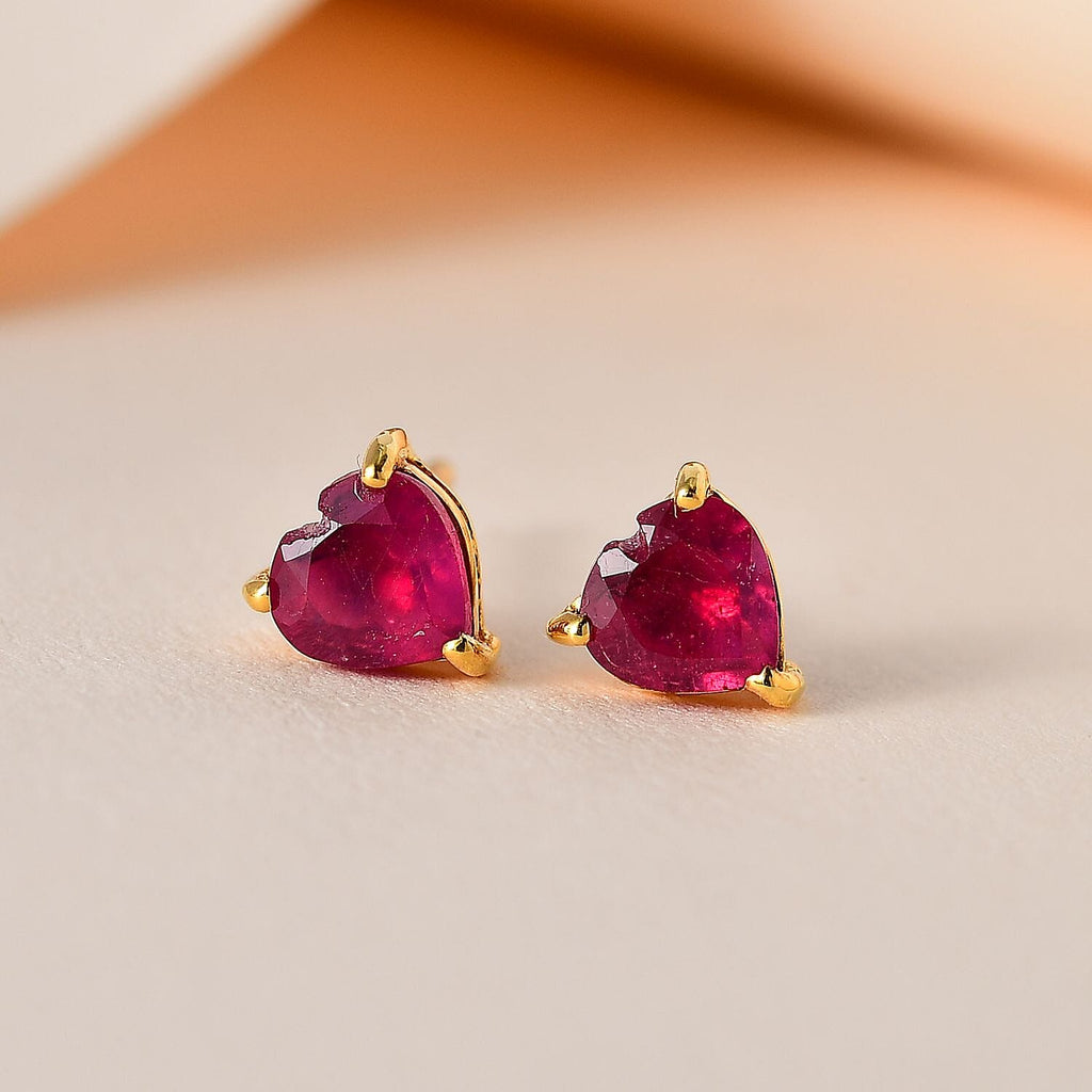 African Ruby Heart Stud Earrings in 18K Vermeil YG Plated Sterling Silver 1.28 Ct