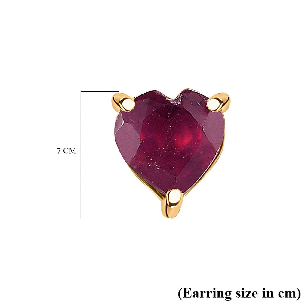 African Ruby Heart Stud Earrings in 18K Vermeil YG Plated Sterling Silver 1.28 Ct