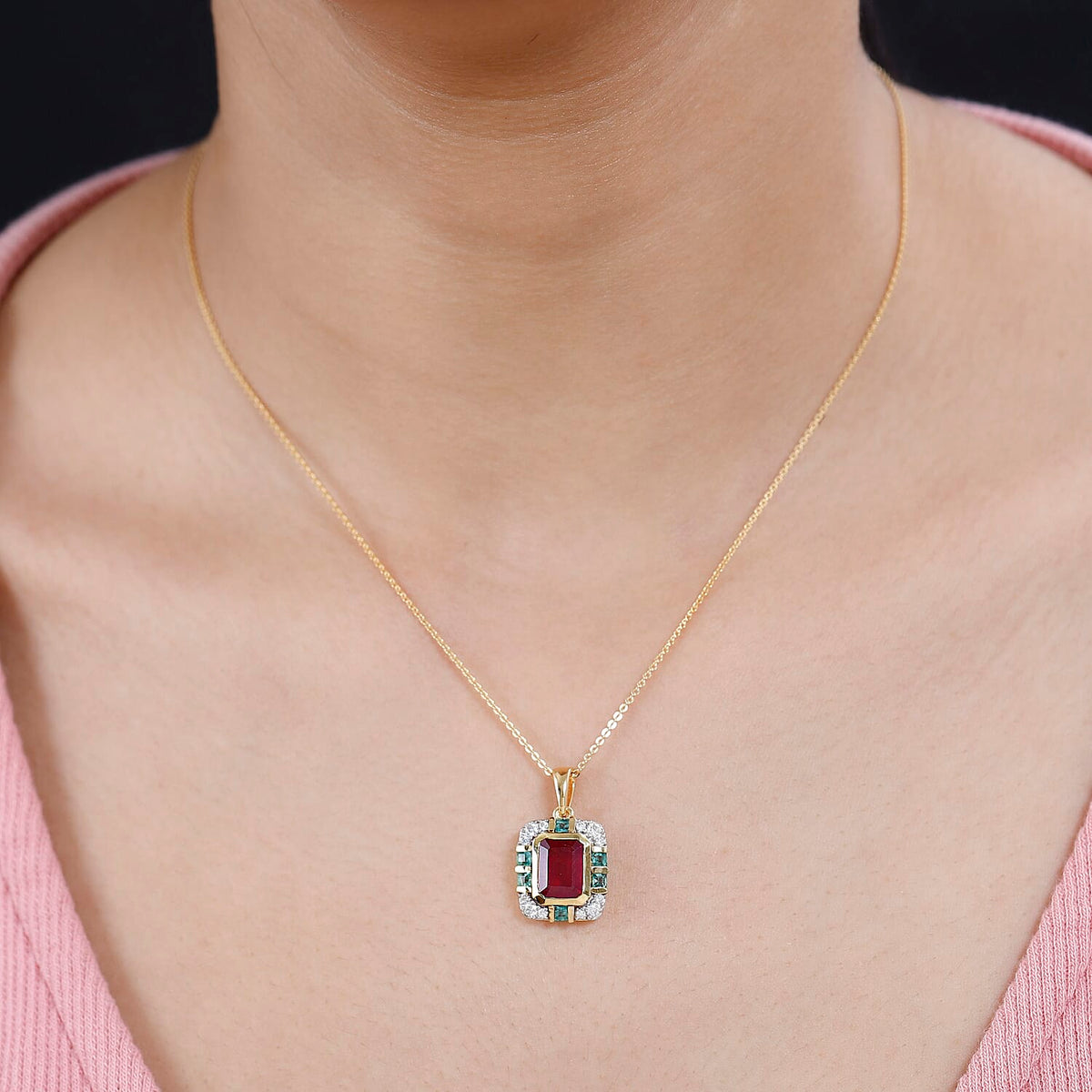 African Ruby, Emerald, Moissanite Pendant with Chain (Size 20) in Vermeil YG Sterling Silver 4.43 Ct. 4252824 2