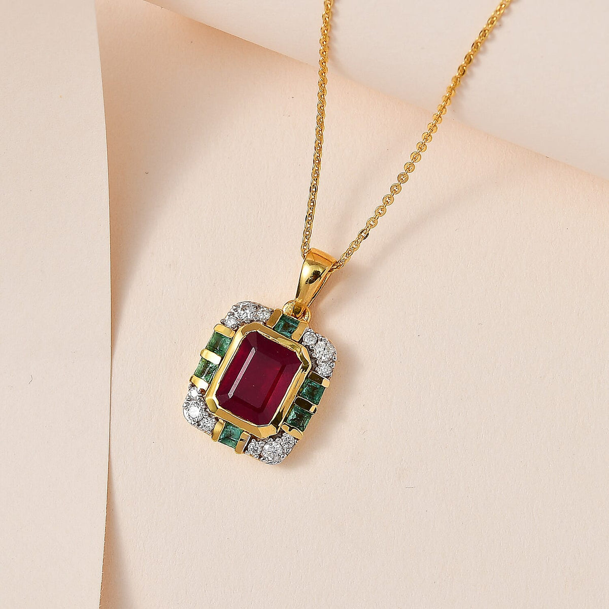 African Ruby, Emerald, Moissanite Pendant with Chain (Size 20) in Vermeil YG Sterling Silver 4.43 Ct. 4252824 3
