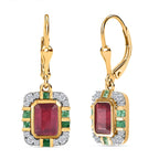 African Ruby, Emerald & Moissanite  Solitaire Lever Back Earring in Vermeil YG Sterling Silver