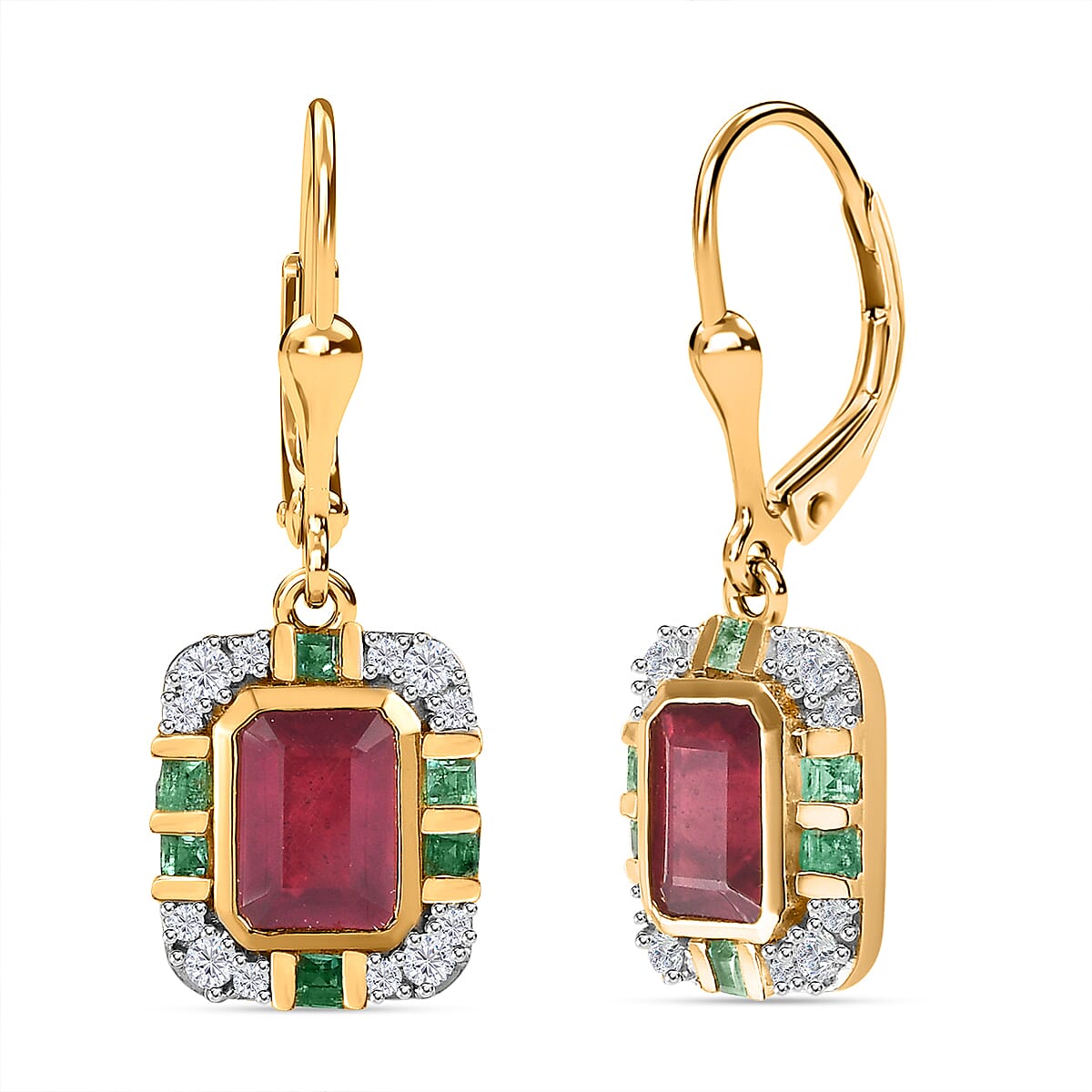African Ruby, Emerald &amp; Moissanite  Solitaire Lever Back Earring in Vermeil YG Sterling Silver 7724540 0