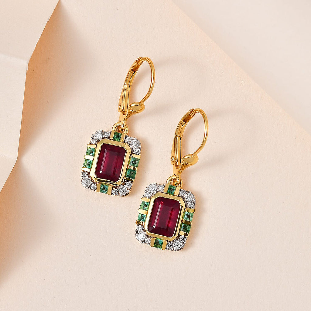 African Ruby, Emerald & Moissanite  Solitaire Lever Back Earring in Vermeil YG Sterling Silver