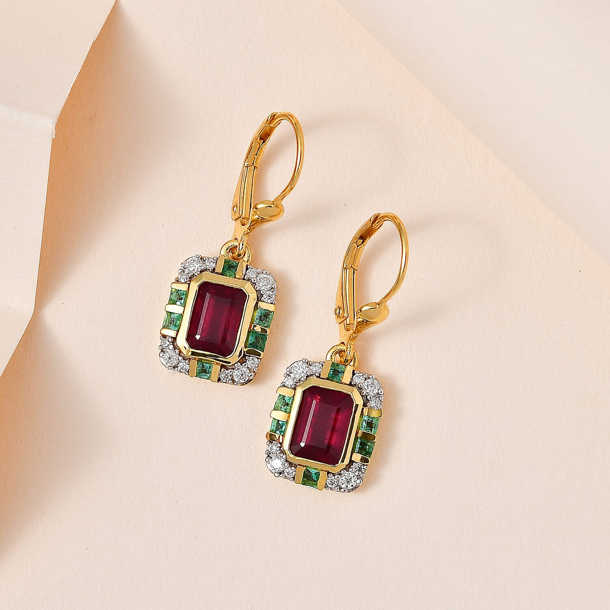 African Ruby, Emerald &amp; Moissanite  Solitaire Lever Back Earring in Vermeil YG Sterling Silver 7724540 2