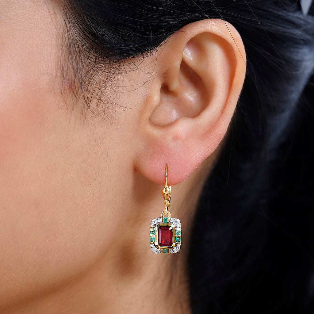 African Ruby, Emerald & Moissanite  Solitaire Lever Back Earring in Vermeil YG Sterling Silver