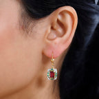 African Ruby, Emerald & Moissanite  Solitaire Lever Back Earring in Vermeil YG Sterling Silver