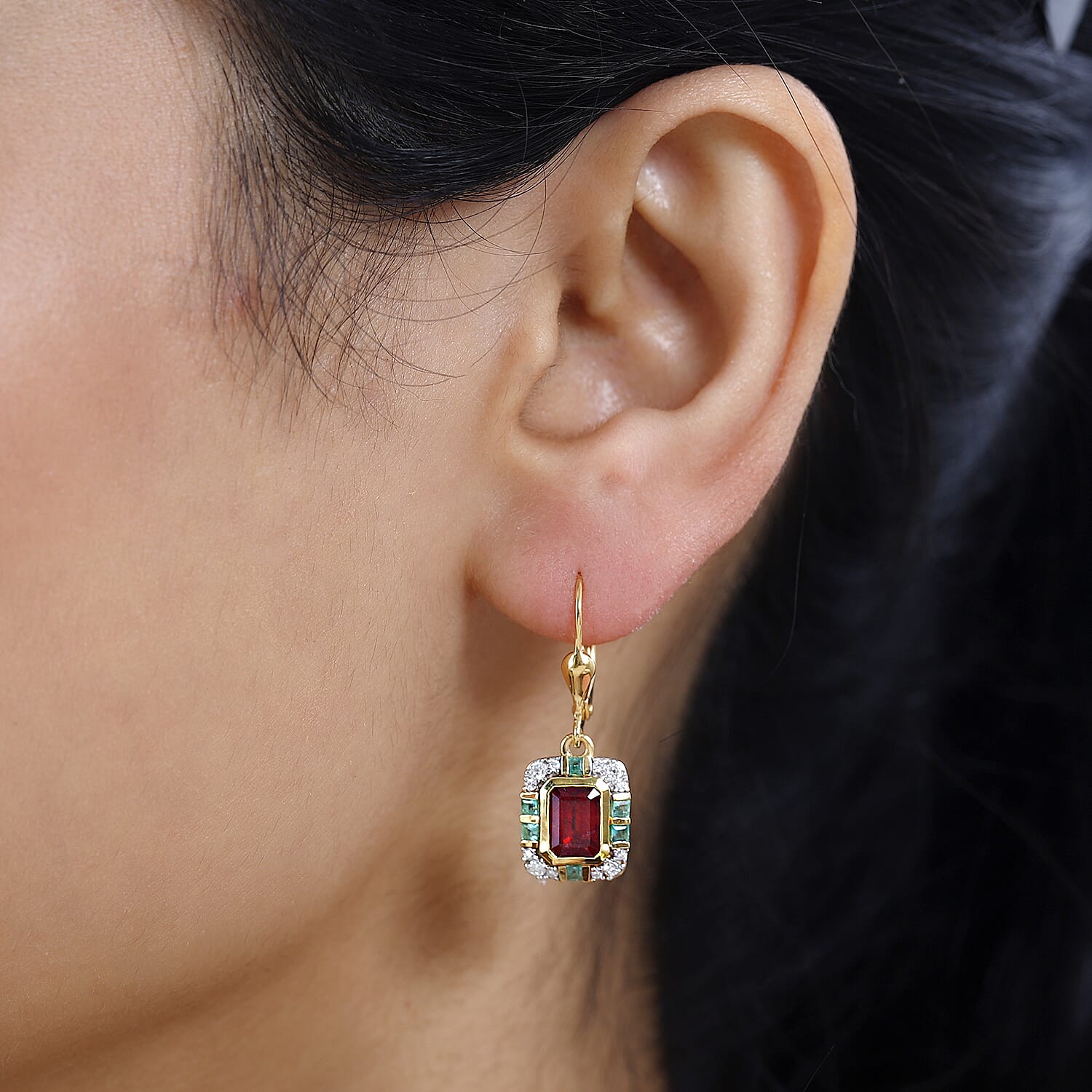 African Ruby, Emerald &amp; Moissanite  Solitaire Lever Back Earring in Vermeil YG Sterling Silver 7724540 3