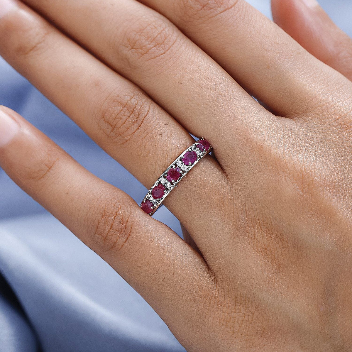 African Ruby (FF) and Natural Zircon Half- Eternity Band Ring in Platinum Overlay Sterling Silver 1.53 Ct. 7471594 6