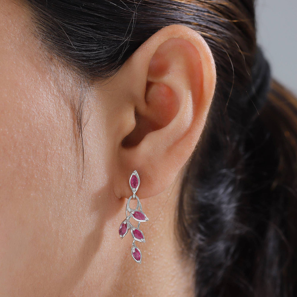 African Ruby Leaf Pattern Dangle Earrings in Platinum Plated Sterling Silver 1.96 Ct. 7519465 2