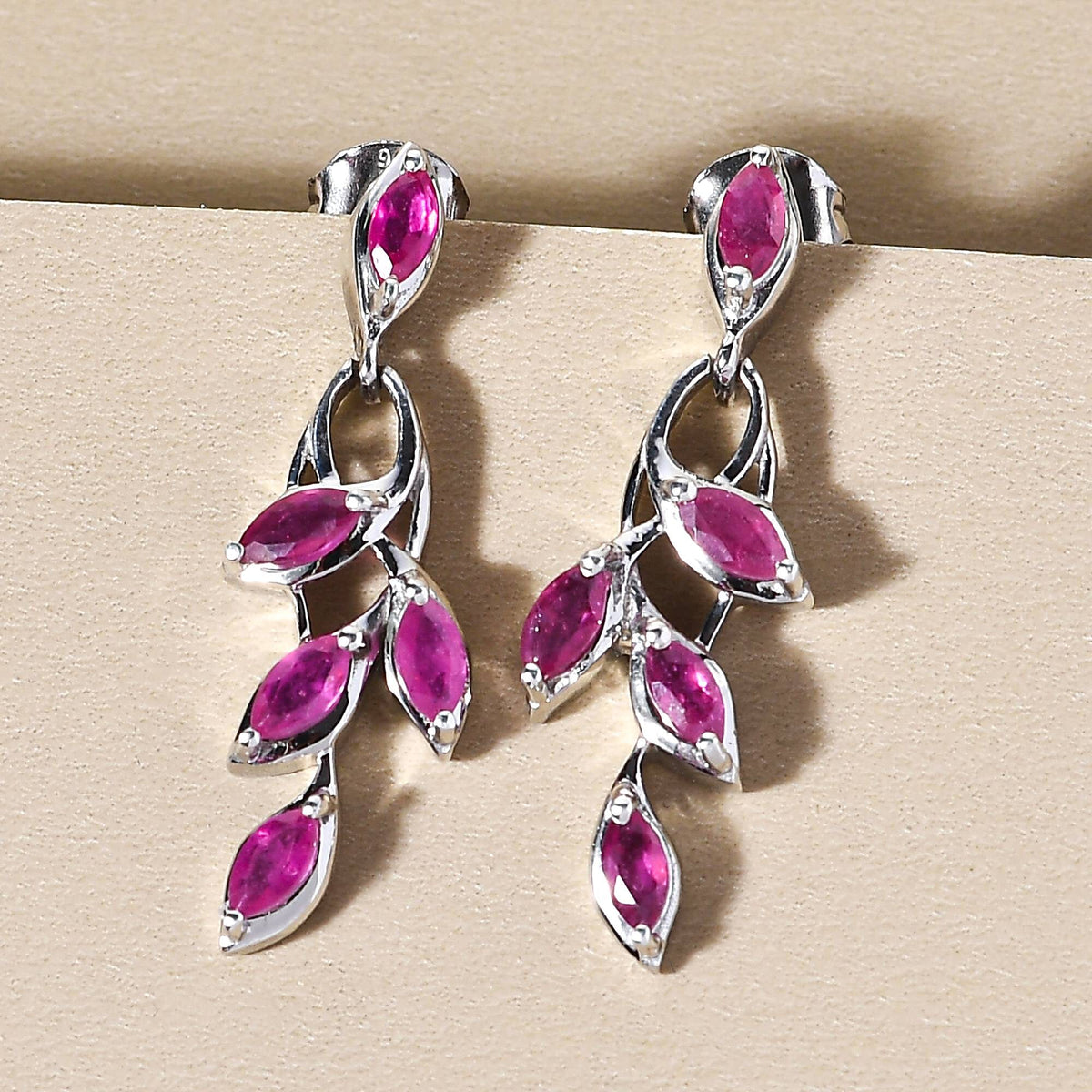 African Ruby Leaf Pattern Dangle Earrings in Platinum Plated Sterling Silver 1.96 Ct. 7519465 4