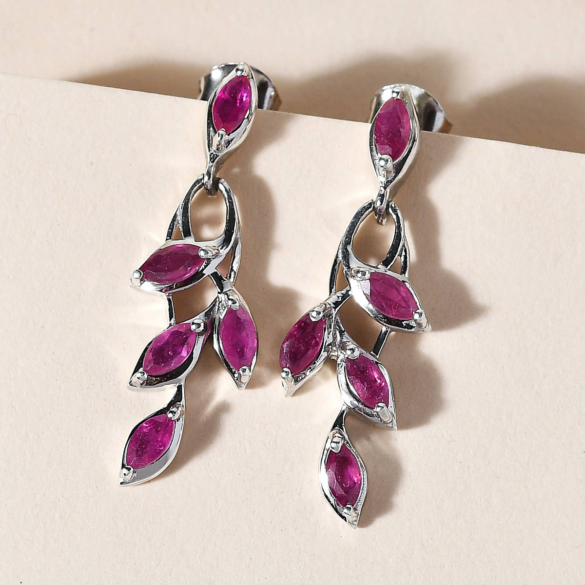 African Ruby Leaf Pattern Dangle Earrings in Platinum Plated Sterling Silver 1.96 Ct. 7519465 5