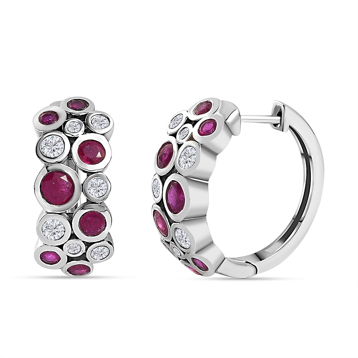 African Ruby and Moissanite Bubble Earrings in Platinum Overlay Sterling Silver 7705499 0