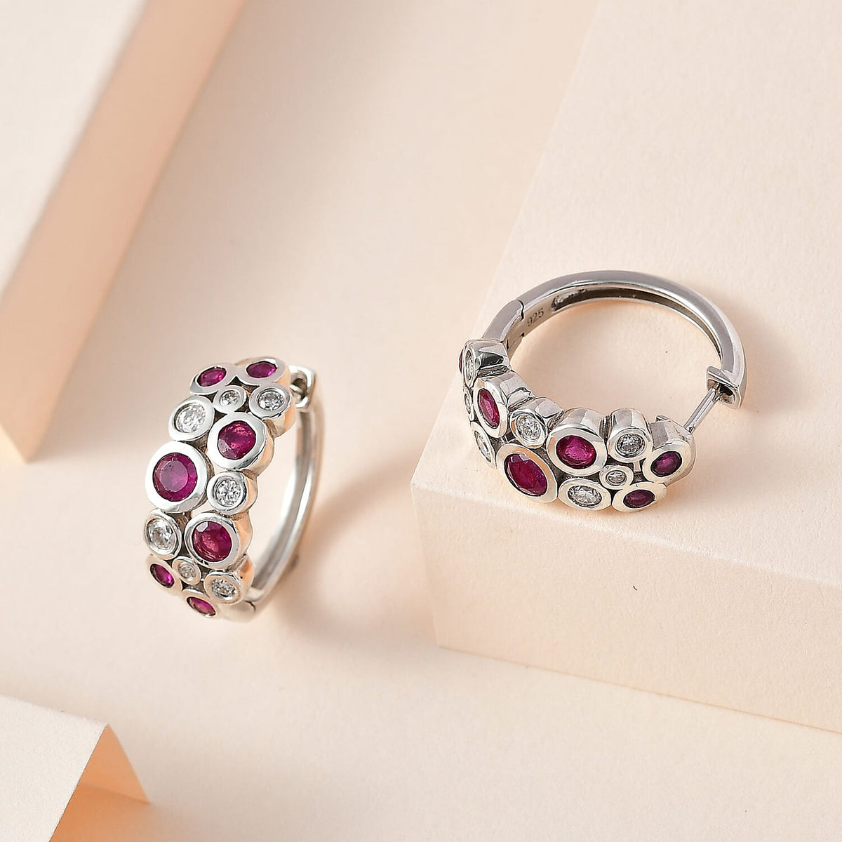 African Ruby and Moissanite Bubble Earrings in Platinum Overlay Sterling Silver 7705499 2