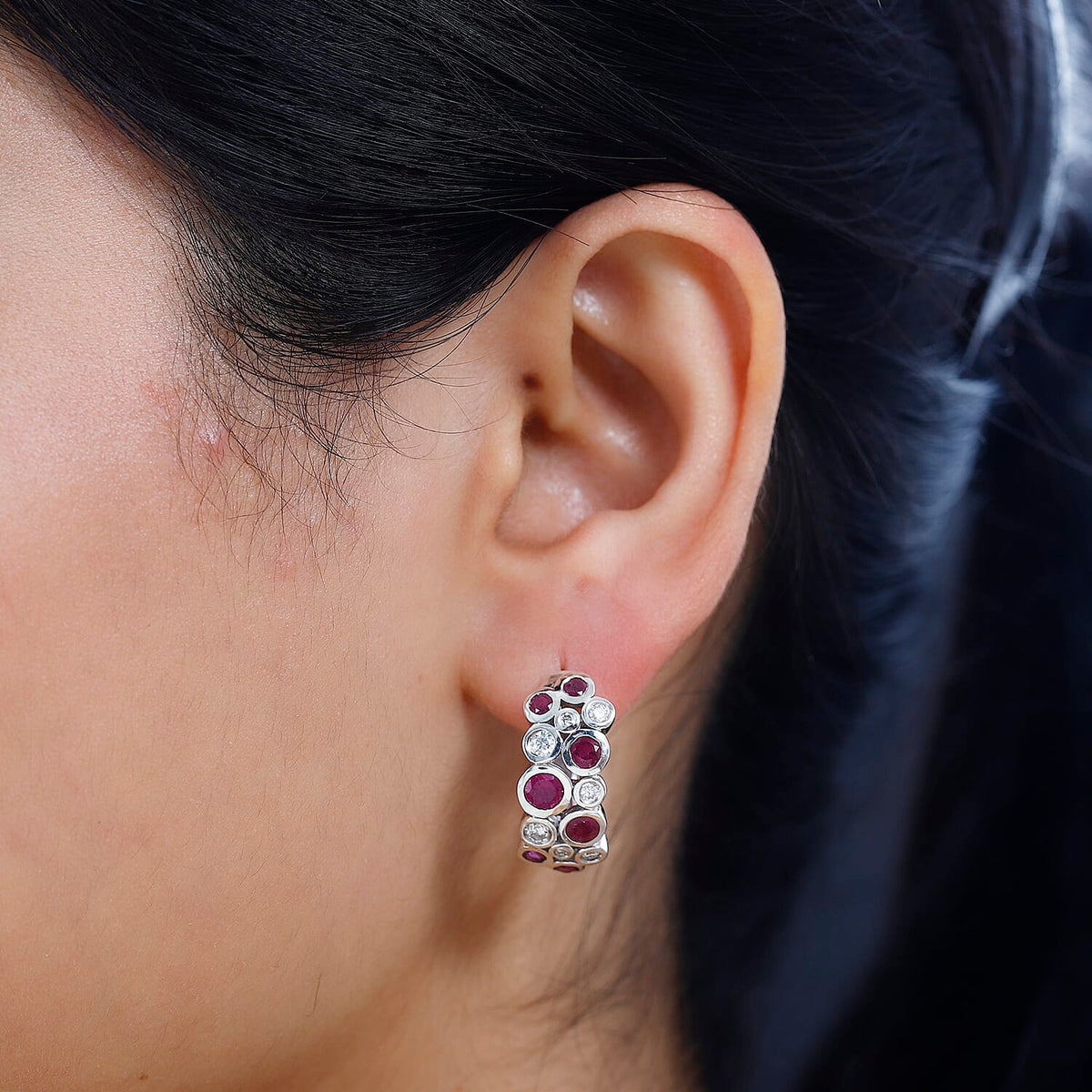 African Ruby and Moissanite Bubble Earrings in Platinum Overlay Sterling Silver 7705499 3