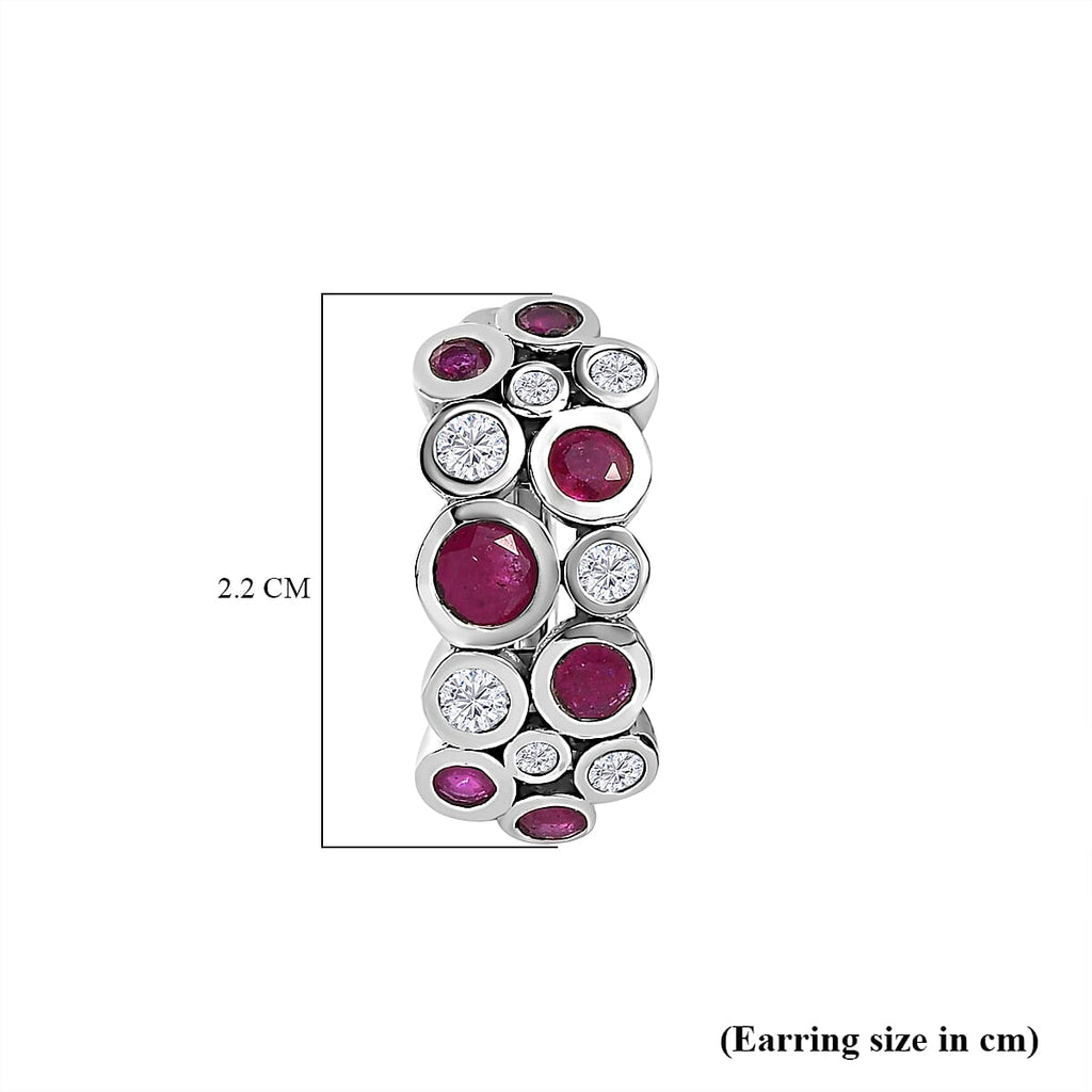 African Ruby ,  Moissanite  Cluster Earring in Platinum Overlay Sterling Silver 3.13 ct,  Silver Wt. 8.5 Gms  3.364  Ct.
