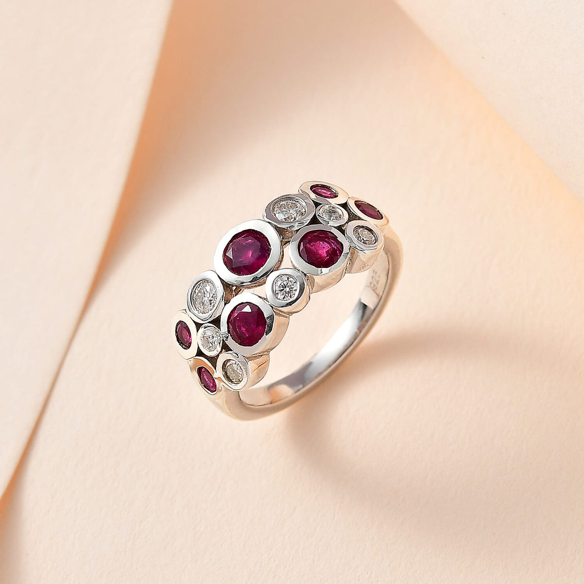 African Ruby &amp; Moissanite Bubble Ring in Platinum Overlay Sterling Silver 7705473 1