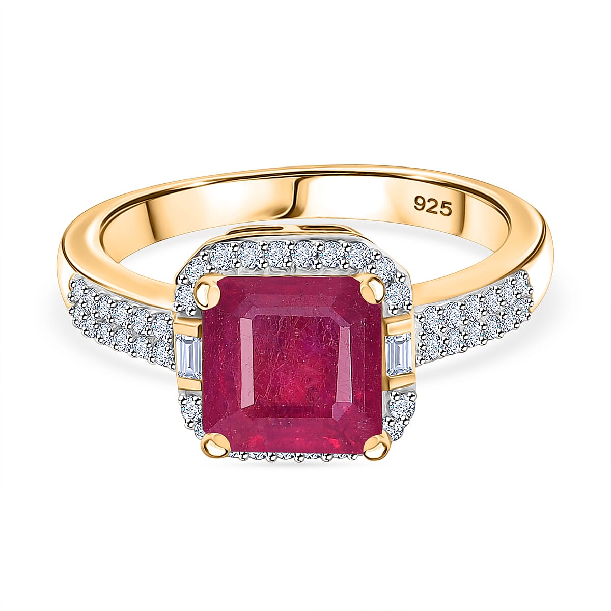 African Ruby, Moissanite Halo Ring in 18K Vermeil Yellow Gold Plated Sterling Silver 3.13 Ct. 8030981 0