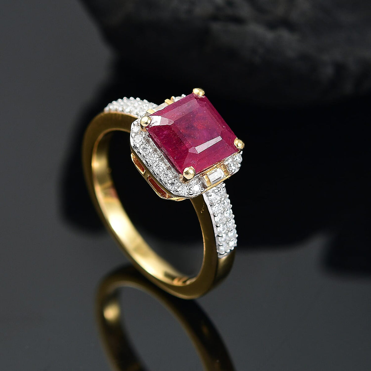 African Ruby, Moissanite Halo Ring in 18K Vermeil Yellow Gold Plated Sterling Silver 3.13 Ct. 8030981 2