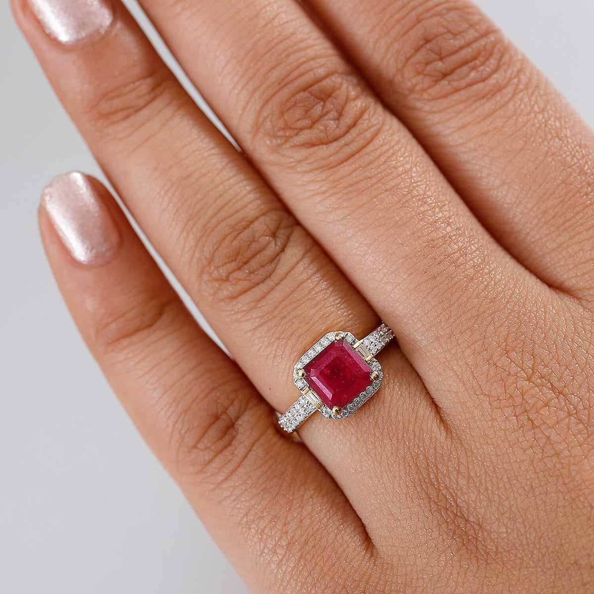 African Ruby, Moissanite Halo Ring in 18K Vermeil Yellow Gold Plated Sterling Silver 3.13 Ct. 8030981 3