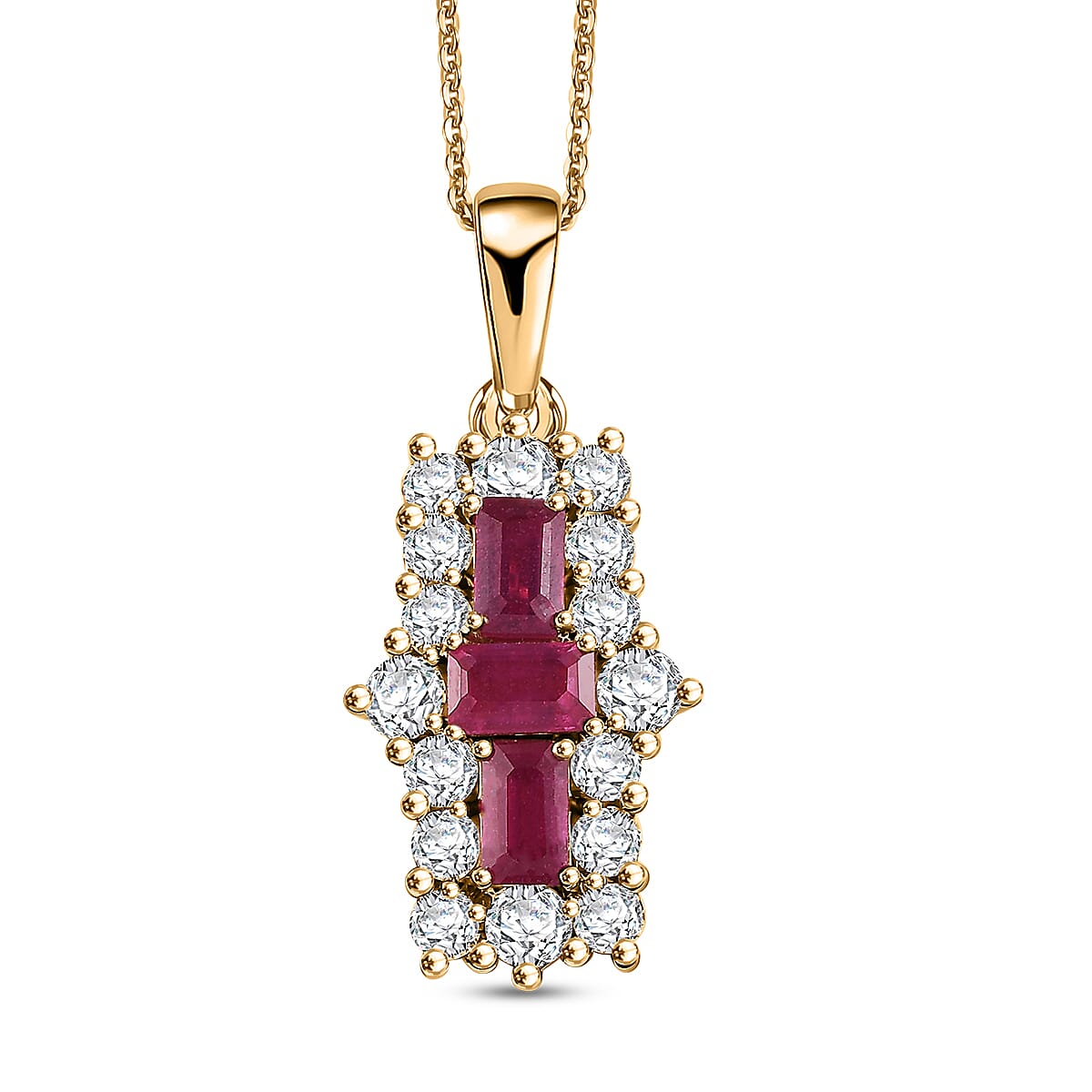 African Ruby &amp; Moissanite Boat Pendant with Chain (Size - 20) in 18K Vermeil Yellow Gold Plated Sterling Silver 2.27 Ct. 4341386 0
