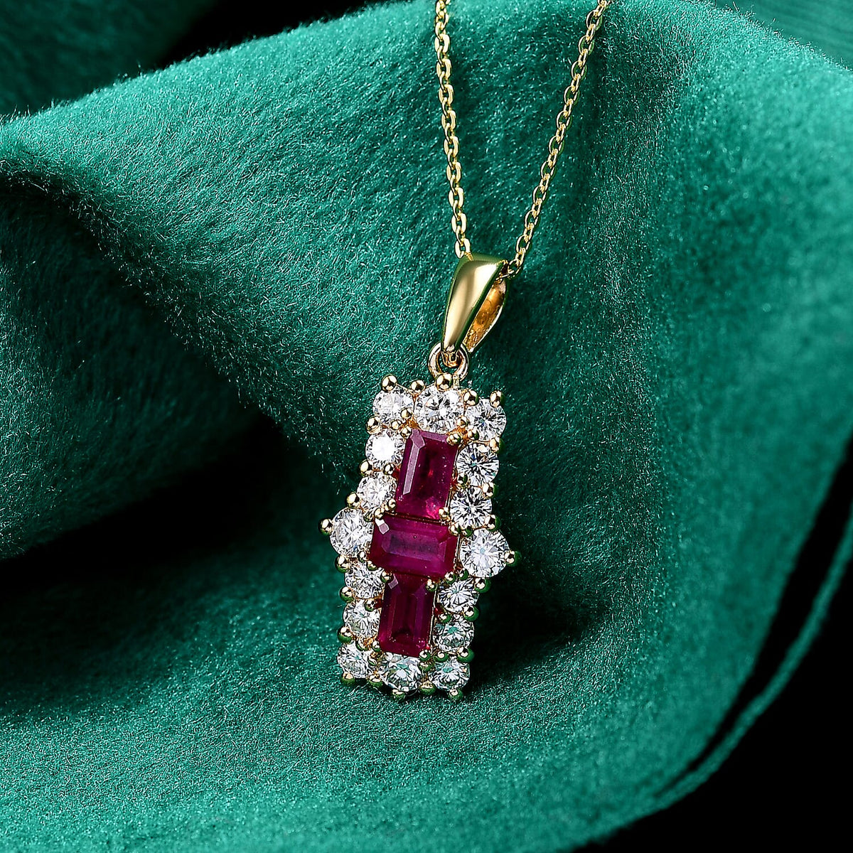 African Ruby &amp; Moissanite Boat Pendant with Chain (Size - 20) in 18K Vermeil Yellow Gold Plated Sterling Silver 2.27 Ct. 4341386 1